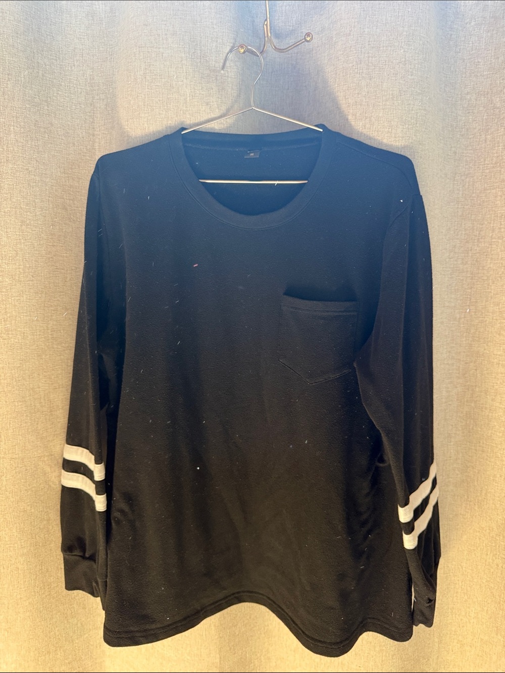 Women’s Black Long-Sleeve Crewneck Shirt with White Sleeve Stripes